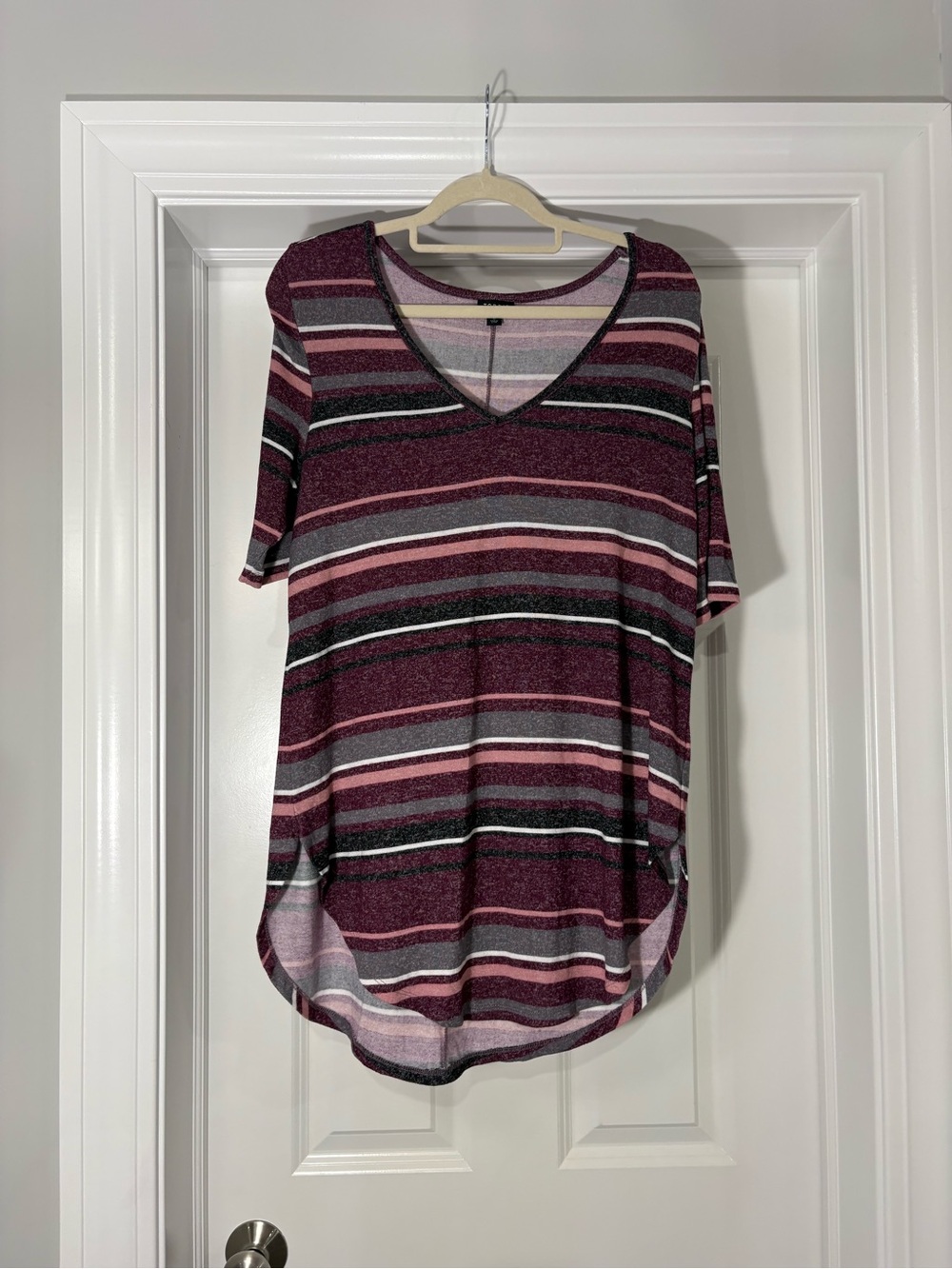 Torrid Striped V-Neck Tunic Top - Burgundy Multi